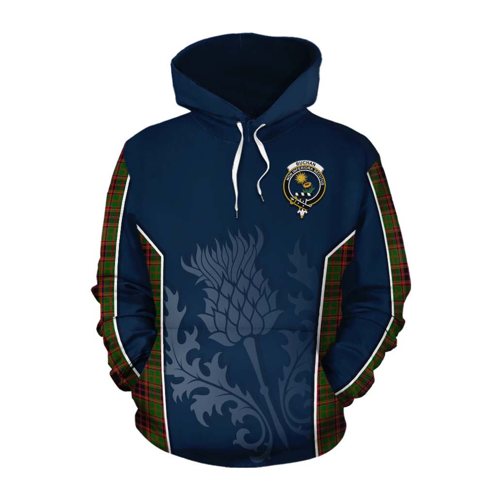 Tartan Vibes Clothing Buchan Tartan Cotton Hoodie with Family Crest and Scottish Thistle Vibes Sport Style