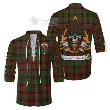 Buchan Tartan Ghillie Kilt Shirt with Family Crest and Bearded Skull Holding Bottles of Whiskey