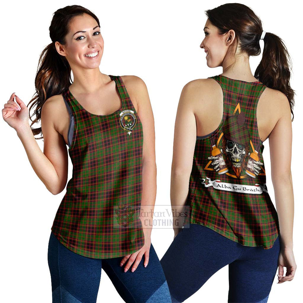 Tartan Vibes Clothing Buchan Tartan Women's Racerback Tanks with Family Crest and Bearded Skull Holding Bottles of Whiskey