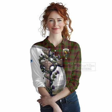 Buchan Tartan Women's Casual Shirt with Family Crest and St. Andrew's Cross Accented by Thistle Vines