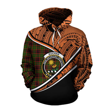 Buchan Crest Tartan Cotton Hoodie with Polynesian Vibes Style - Orange Version