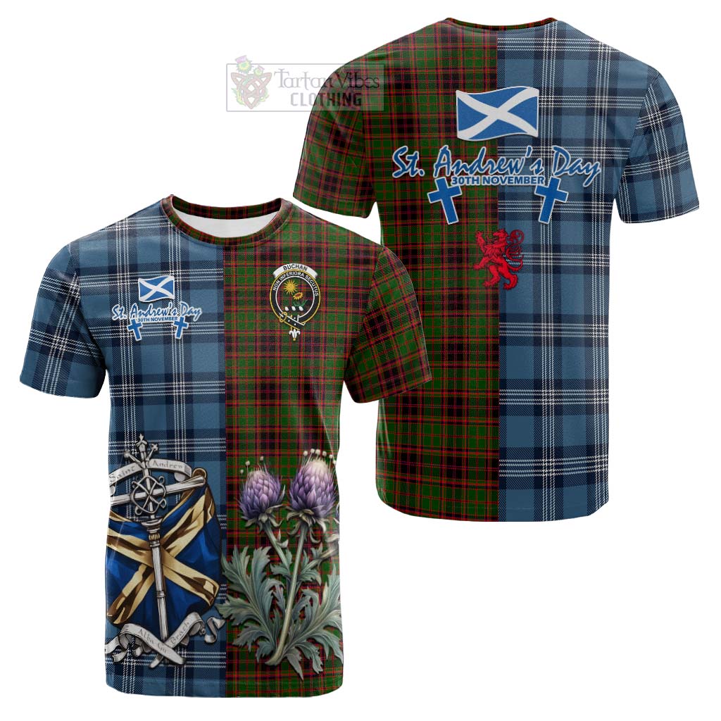 Tartan Vibes Clothing Buchan Tartan Cotton T-shirt Happy St. Andrew's Day Half Tartan Style