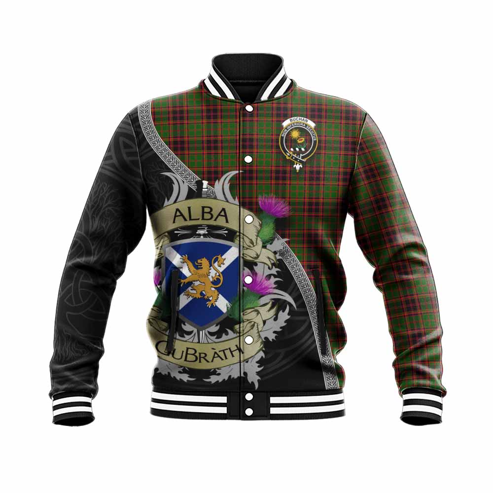 Buchan Tartan Family Crest Baseball Jacket Lion Rampant Royal Thistle Shield Celtic Inspired Unisex - Tartan Vibes Clothing