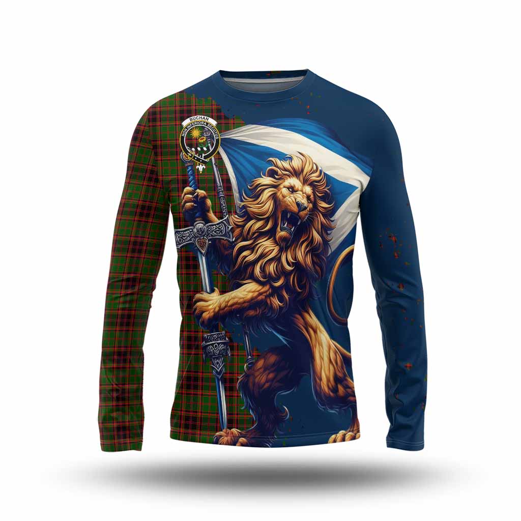 Tartan Vibes Clothing Buchan Tartan Family Crest Long Sleeve T-Shirt with Scottish Majestic Lion