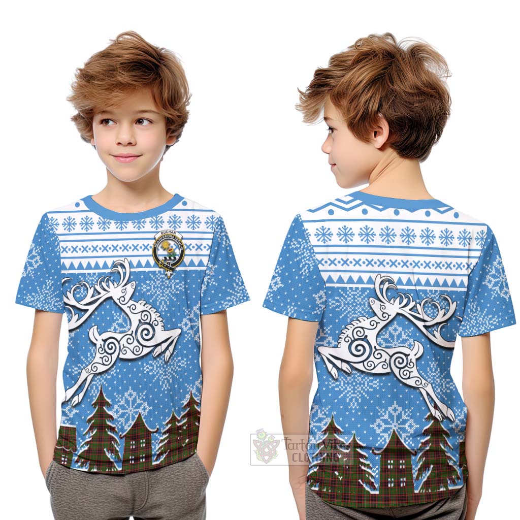 Tartan Vibes Clothing Buchan Clan Christmas Kid T-Shirt Celtic Reindeer Style