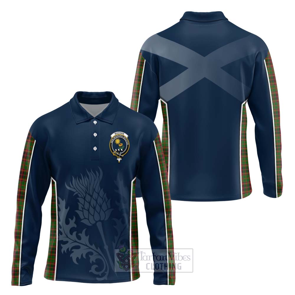 Tartan Vibes Clothing Buchan Tartan Long Sleeve Polo Shirt with Family Crest and Scottish Thistle Vibes Sport Style