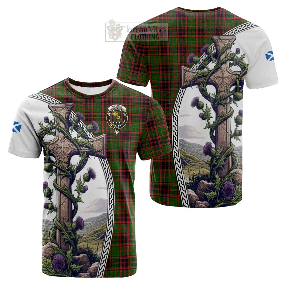 Tartan Vibes Clothing Buchan Tartan Cotton T-shirt with Family Crest and St. Andrew's Cross Accented by Thistle Vines