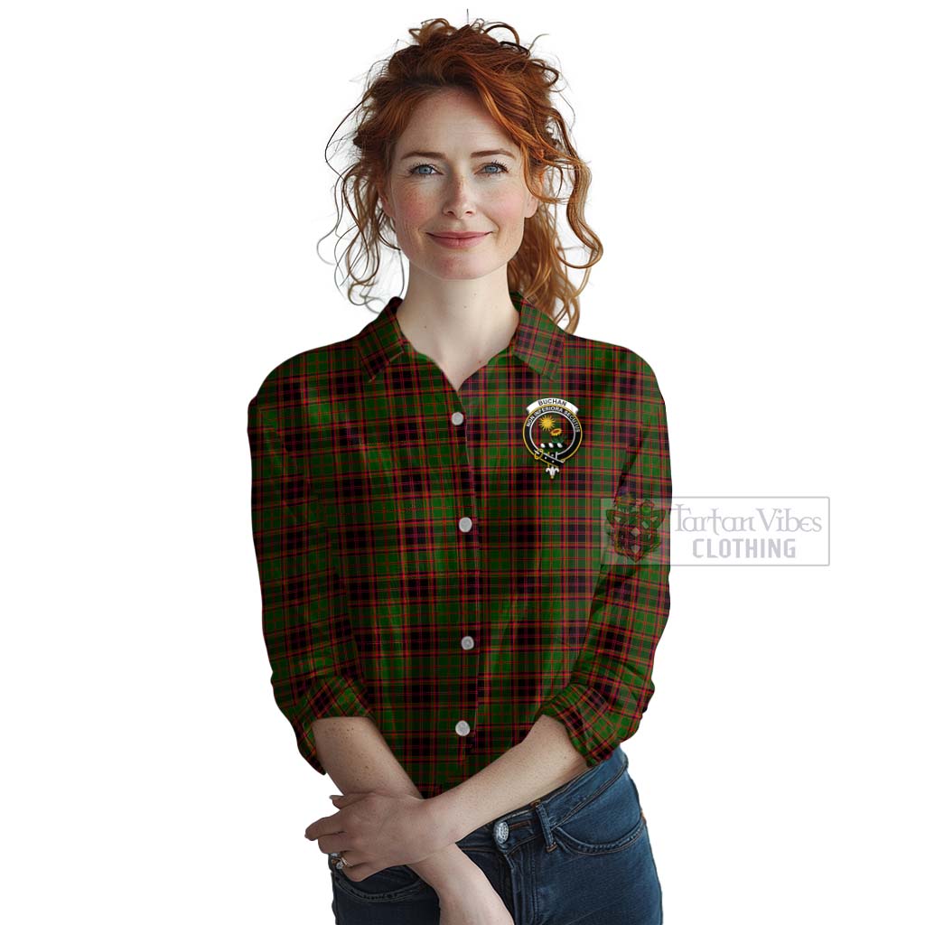 Tartan Vibes Clothing Buchan Tartan Women's Casual Shirt with Family Crest and Bearded Skull Holding Bottles of Whiskey