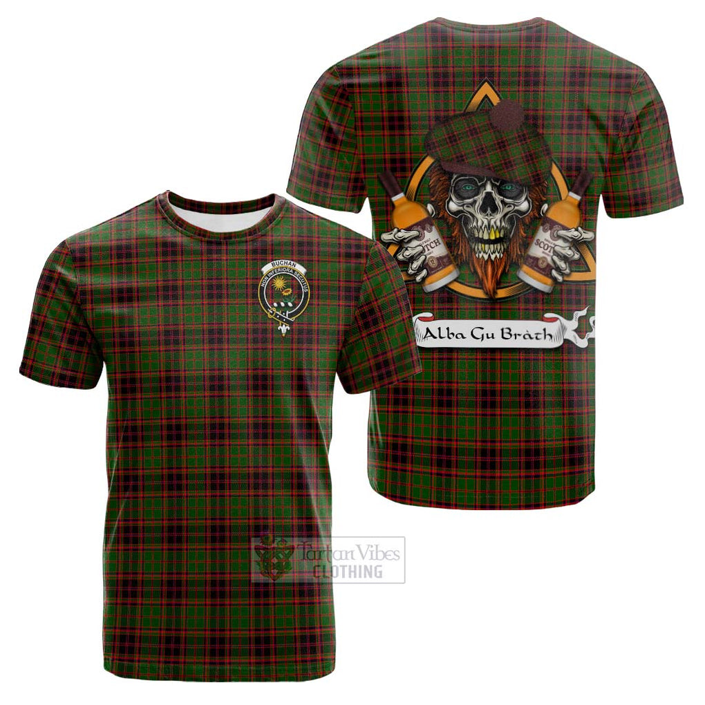 Tartan Vibes Clothing Buchan Tartan Cotton T-shirt with Family Crest and Bearded Skull Holding Bottles of Whiskey