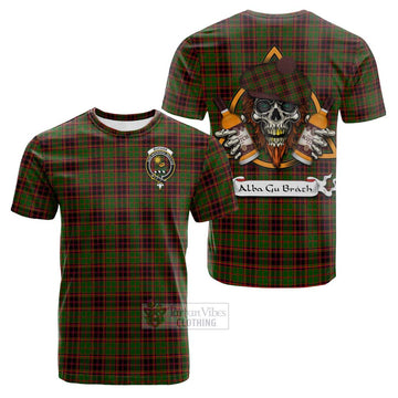 Buchan Tartan Cotton T-shirt with Family Crest and Bearded Skull Holding Bottles of Whiskey