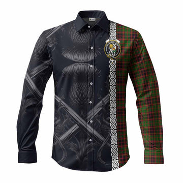 Buchan Tartan Long Sleeve Button Shirt with Family Crest Cross Sword Thistle Celtic Vibes