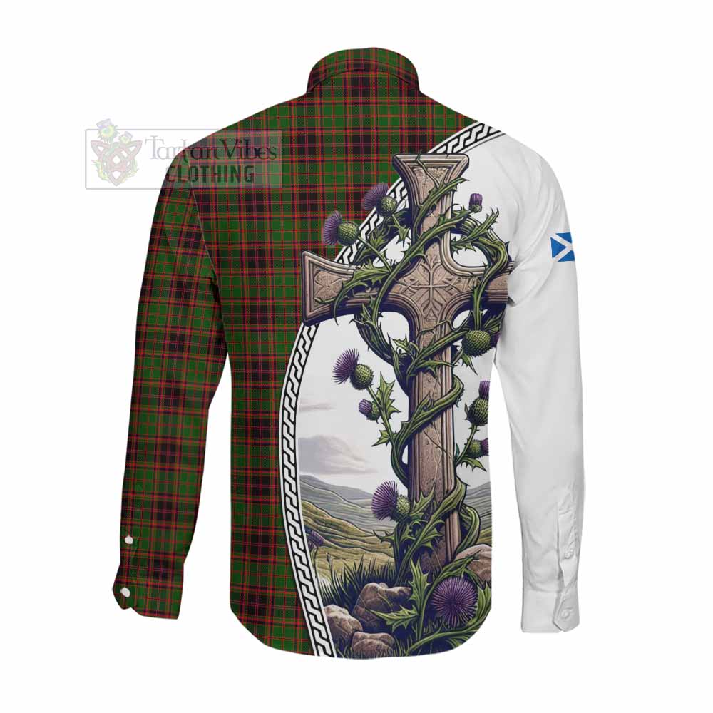 Tartan Vibes Clothing Buchan Tartan Long Sleeve Button Shirt with Family Crest and St. Andrew's Cross Accented by Thistle Vines