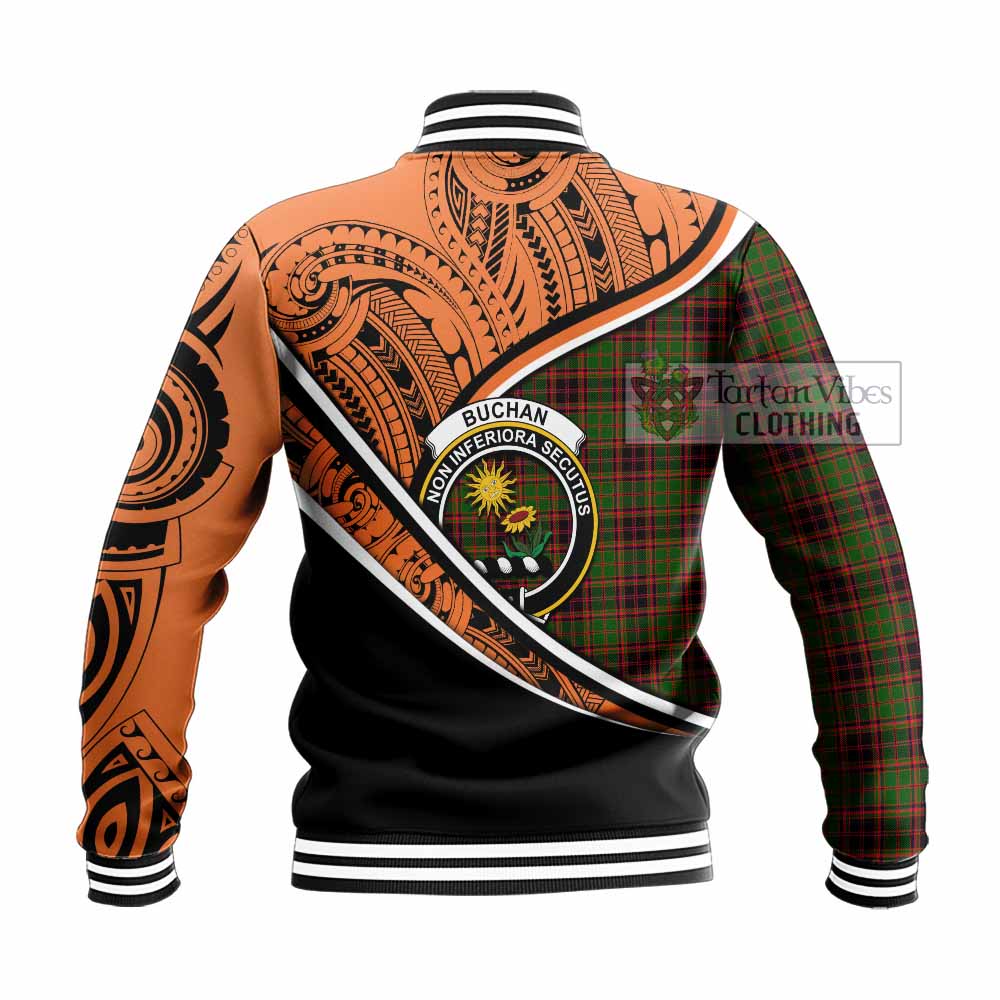 Tartan Vibes Clothing Buchan Crest Tartan Baseball Jacket with Maori Tattoo Style - Orange Version