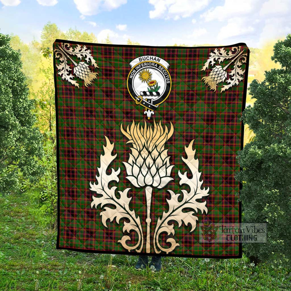 Tartan Vibes Clothing Buchan Tartan Quilt with Family Crest and Golden Thistle Style