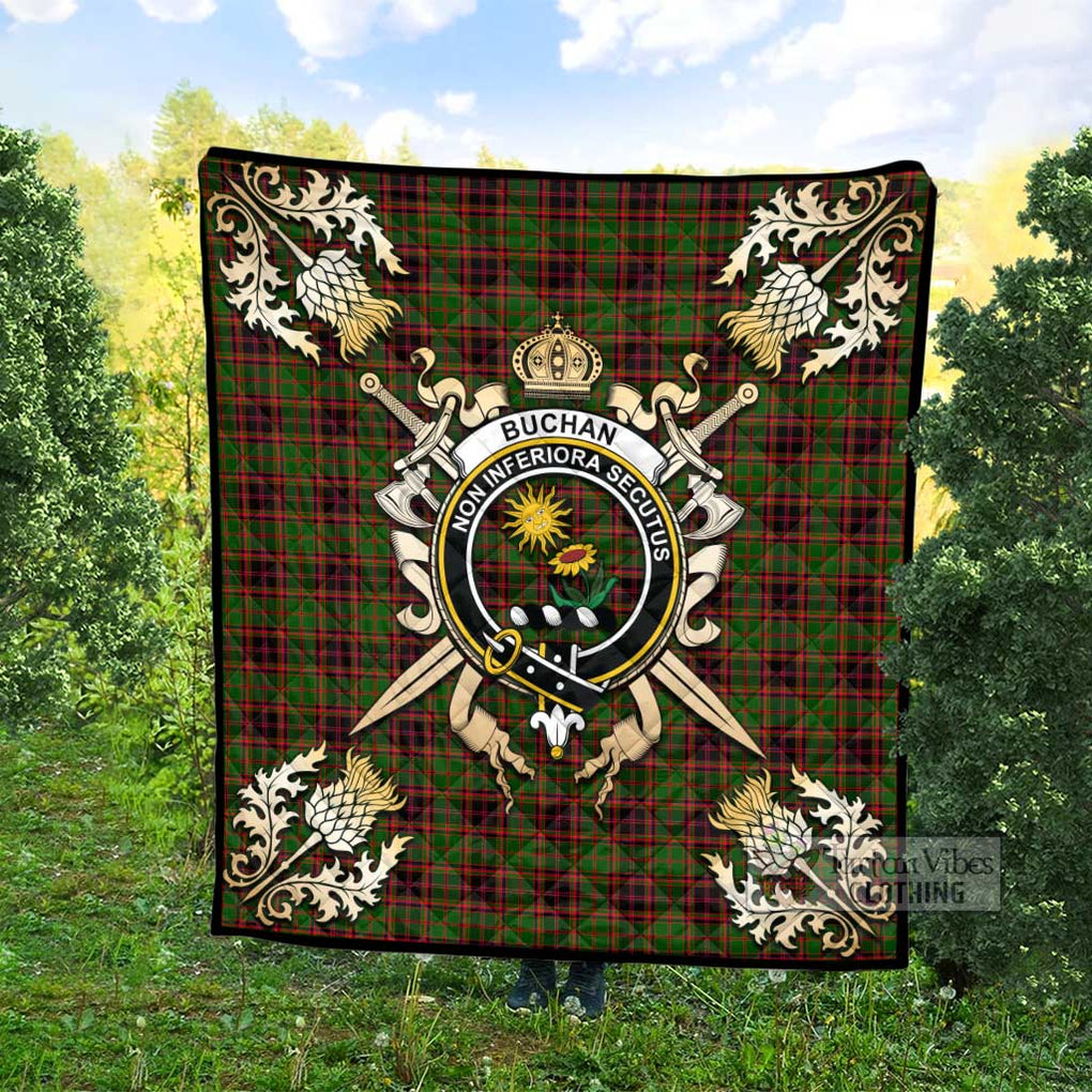 Tartan Vibes Clothing Buchan Tartan Quilt with Family Crest and Scottish Golden Courage Shield