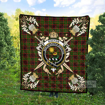 Buchan Tartan Quilt with Family Crest and Golden Thistle Crossed Sword Design