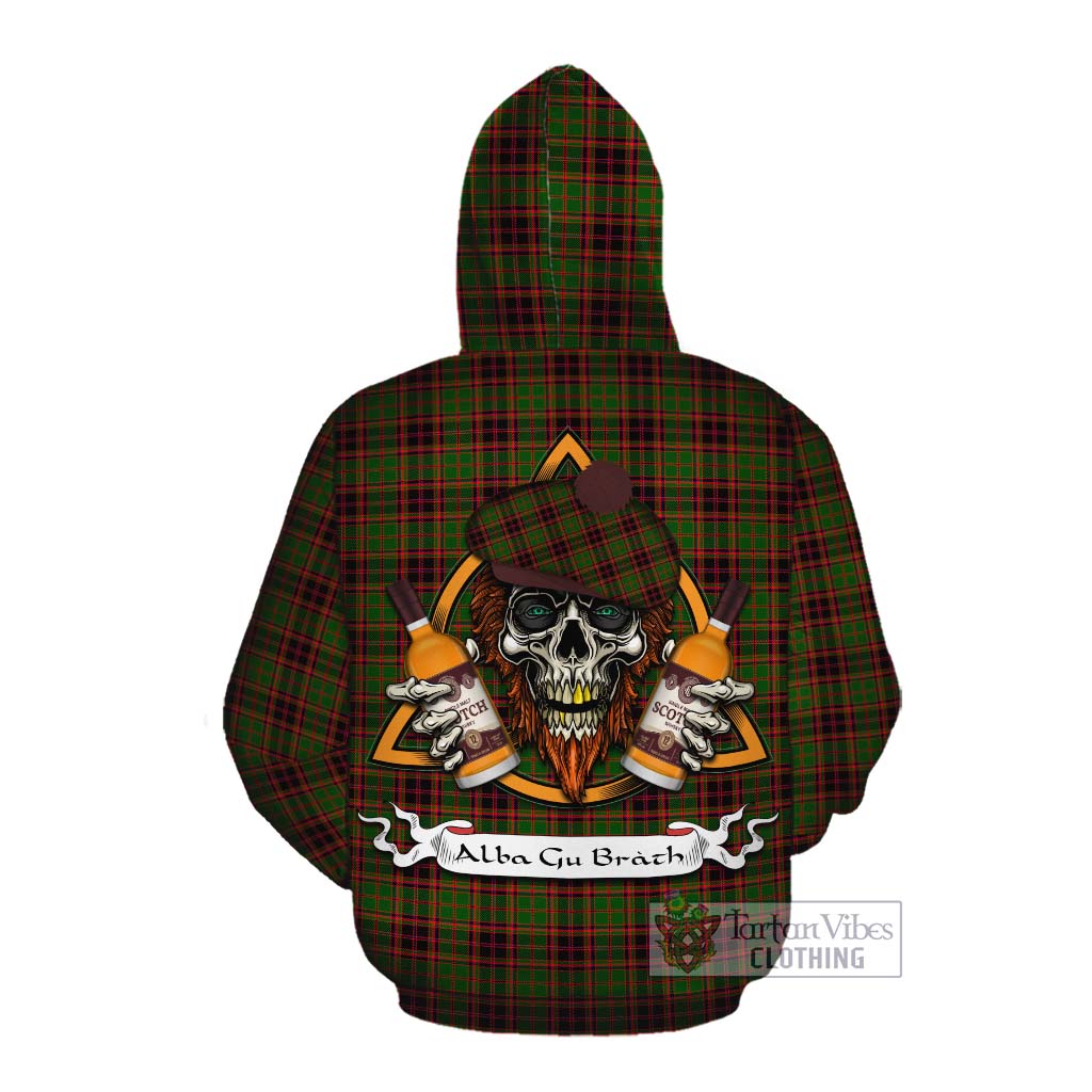 Tartan Vibes Clothing Buchan Tartan Cotton Hoodie with Family Crest and Bearded Skull Holding Bottles of Whiskey