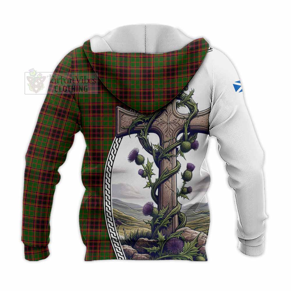 Tartan Vibes Clothing Buchan Tartan Knitted Hoodie with Family Crest and St. Andrew's Cross Accented by Thistle Vines