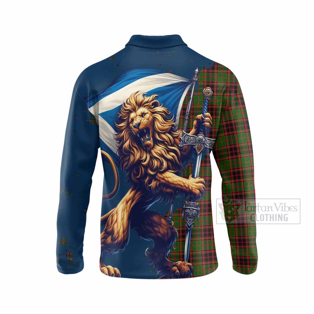 Tartan Vibes Clothing Buchan Tartan Family Crest Long Sleeve Polo Shirt with Scottish Majestic Lion