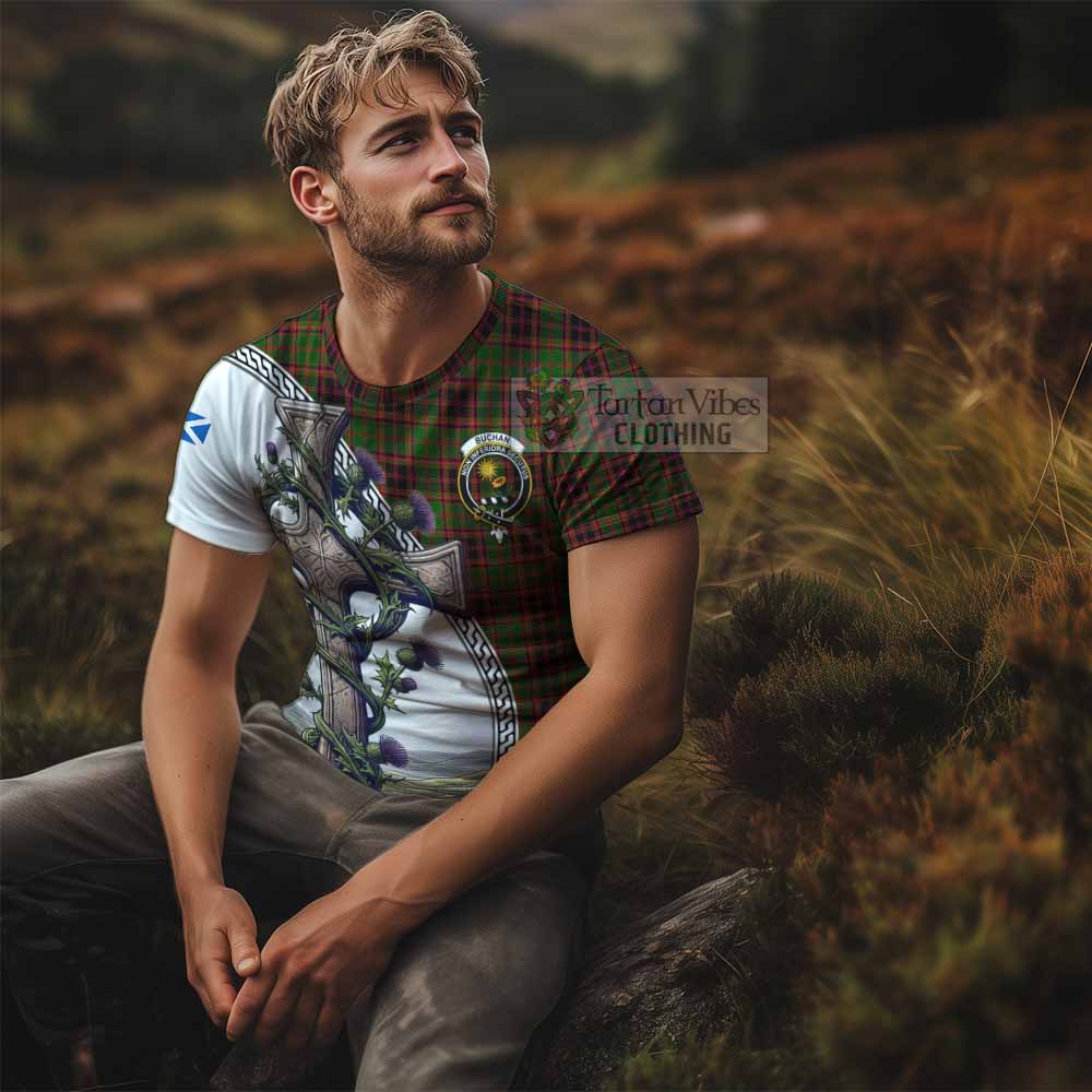 Tartan Vibes Clothing Buchan Agnew Tartan T-Shirt with Family Crest and St. Andrew's Cross Accented by Thistle Vines