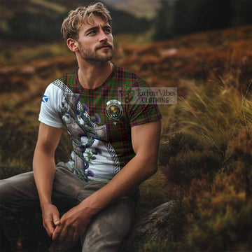 Buchan Tartan T-Shirt with Family Crest and St. Andrew's Cross Accented by Thistle Vines