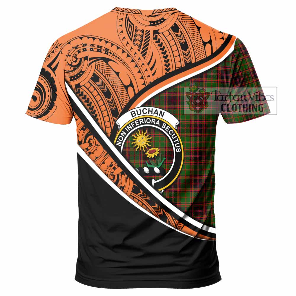 Tartan Vibes Clothing Buchan Crest Tartan T-Shirt with Maori Tattoo Style - Orange Version