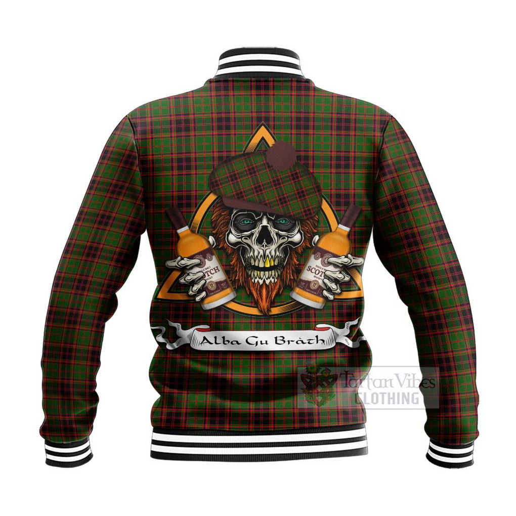 Tartan Vibes Clothing Buchan Tartan Baseball Jacket with Family Crest and Bearded Skull Holding Bottles of Whiskey