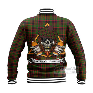 Buchan Tartan Baseball Jacket with Family Crest and Bearded Skull Holding Bottles of Whiskey