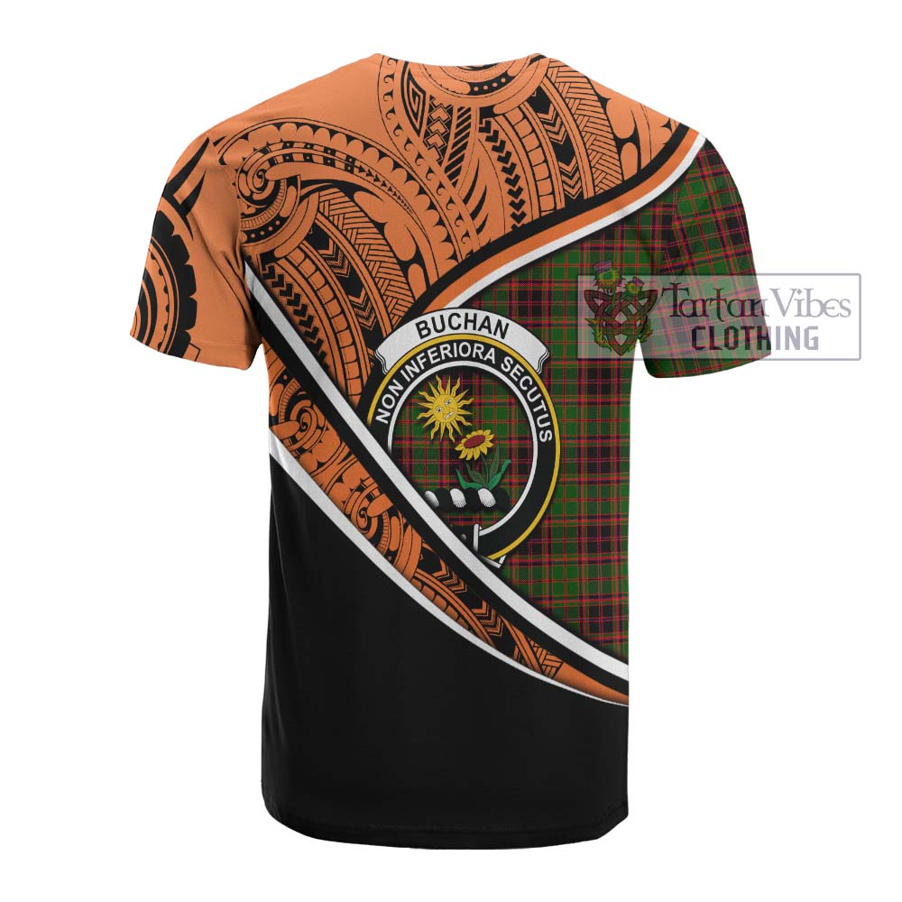 Tartan Vibes Clothing Buchan Crest Tartan Cotton T-shirt with Maori Tattoo Style - Orange Version