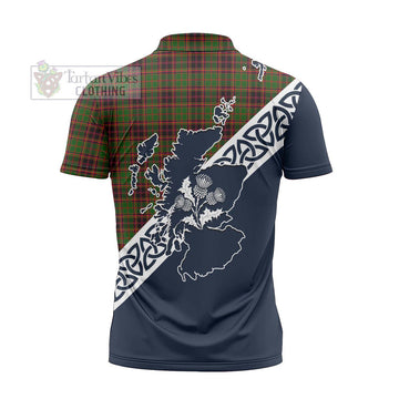 Buchan Tartan Zipper Polo Shirt Featuring Thistle and Scotland Map