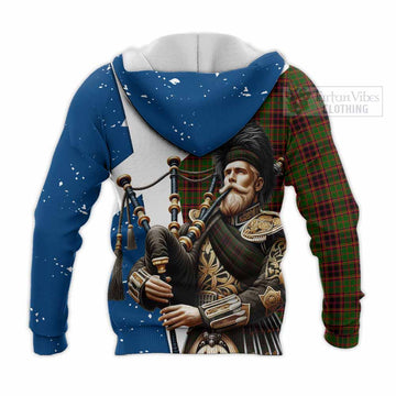 Buchan Tartan Knitted Hoodie with Family Crest Scottish Bagpiper Vibes