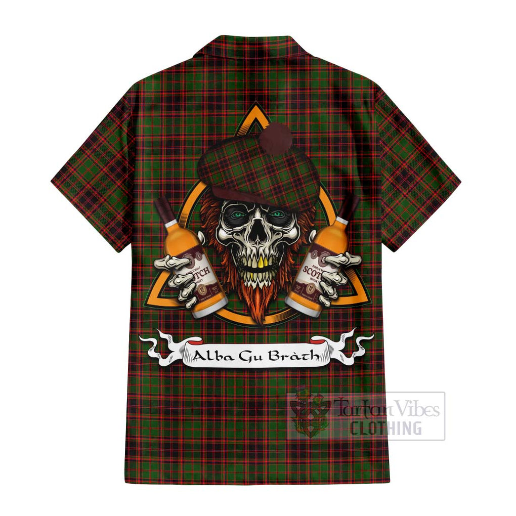 Tartan Vibes Clothing Buchan Tartan Short Sleeve Button Shirt with Family Crest and Bearded Skull Holding Bottles of Whiskey