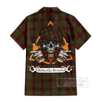 Buchan Tartan Short Sleeve Button Shirt with Family Crest and Bearded Skull Holding Bottles of Whiskey