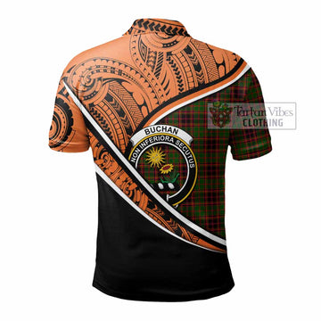 Buchan Crest Tartan Polo Shirt with Polynesian Vibes Style - Orange Version