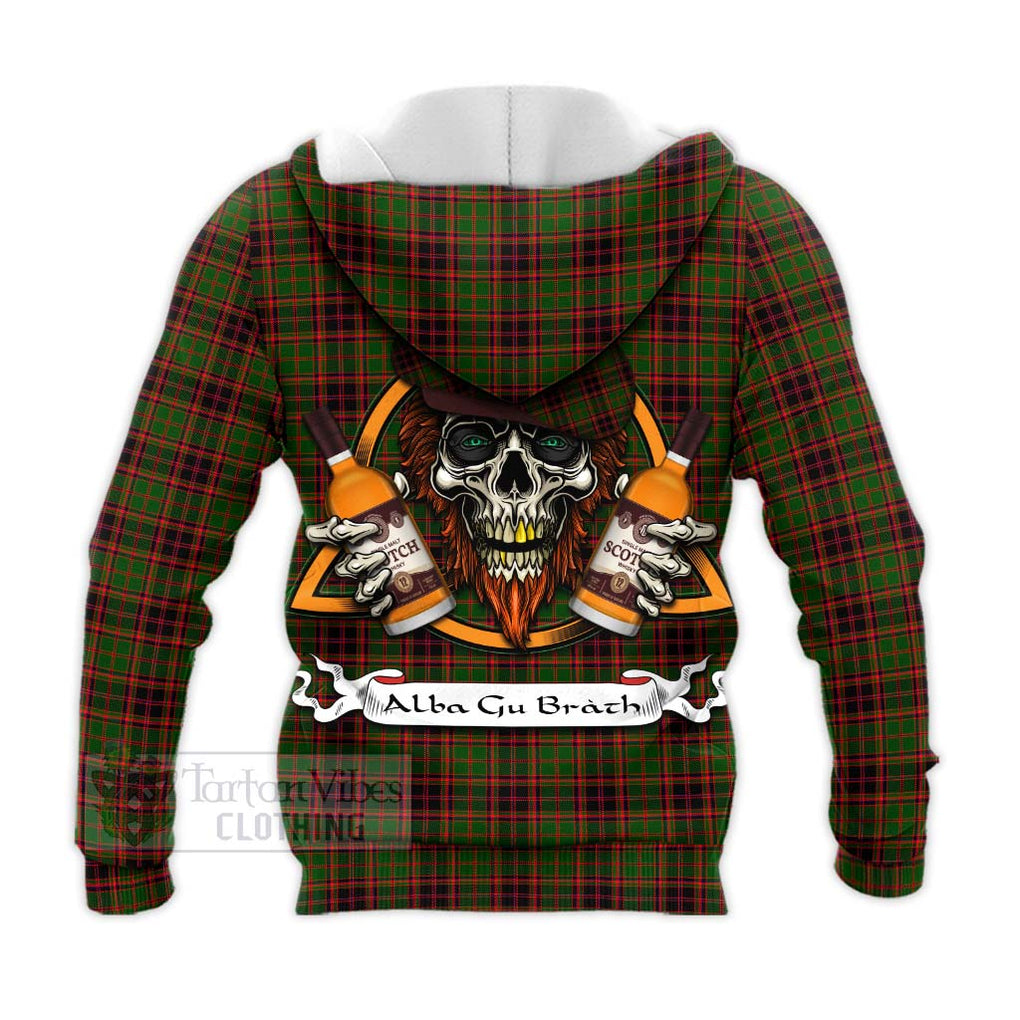 Tartan Vibes Clothing Buchan Tartan Knitted Hoodie with Family Crest and Bearded Skull Holding Bottles of Whiskey