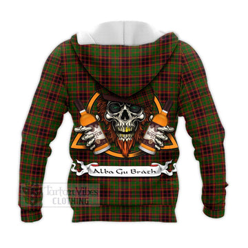 Buchan Tartan Knitted Hoodie with Family Crest and Bearded Skull Holding Bottles of Whiskey