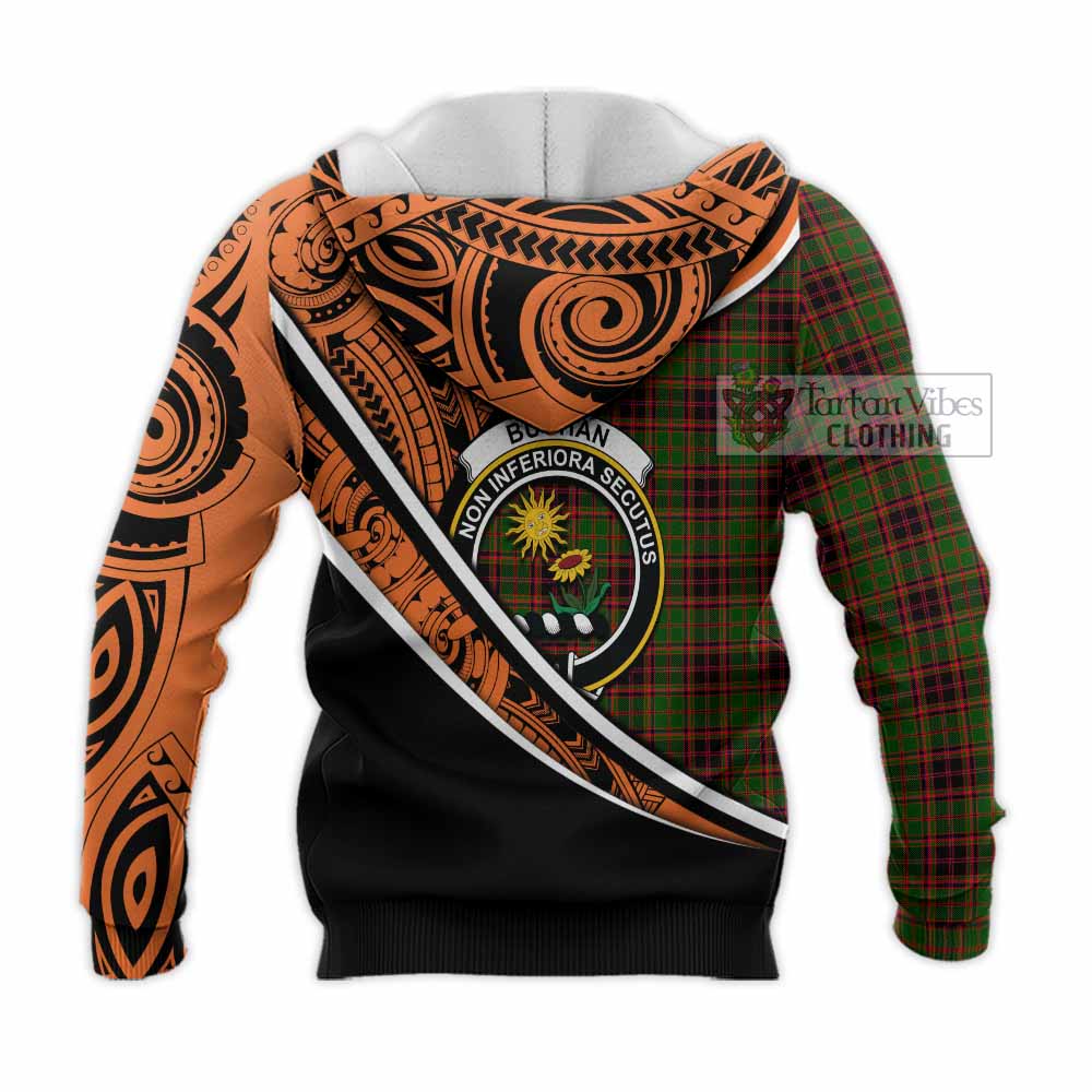 Tartan Vibes Clothing Buchan Crest Tartan Knitted Hoodie with Maori Tattoo Style - Orange Version