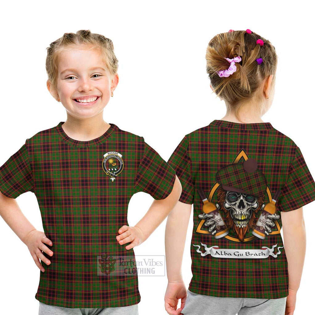 Tartan Vibes Clothing Buchan Tartan Kid T-Shirt with Family Crest and Bearded Skull Holding Bottles of Whiskey