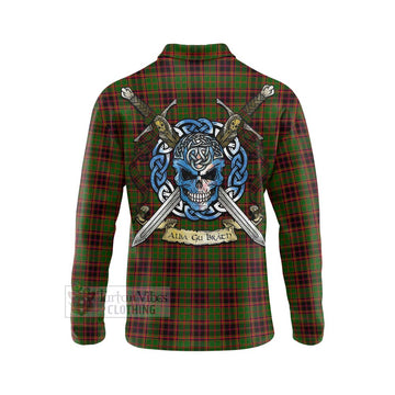 Buchan Tartan Long Sleeve Polo Shirt with Family Crest Celtic Skull Style