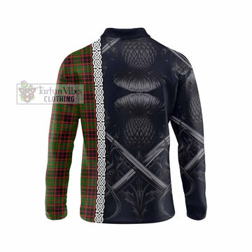 Buchan Tartan Long Sleeve Polo Shirt with Family Crest Cross Sword Thistle Celtic Vibes