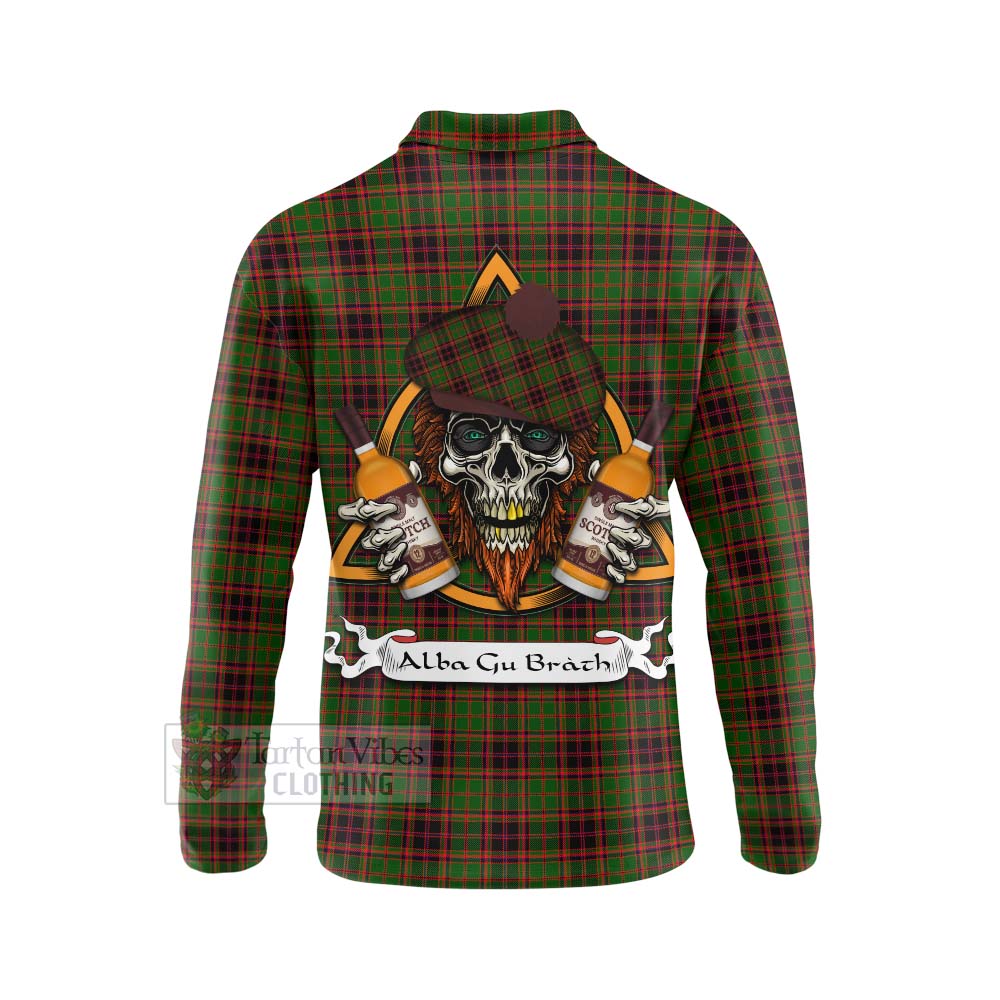 Tartan Vibes Clothing Buchan Tartan Long Sleeve Polo Shirt with Family Crest and Bearded Skull Holding Bottles of Whiskey