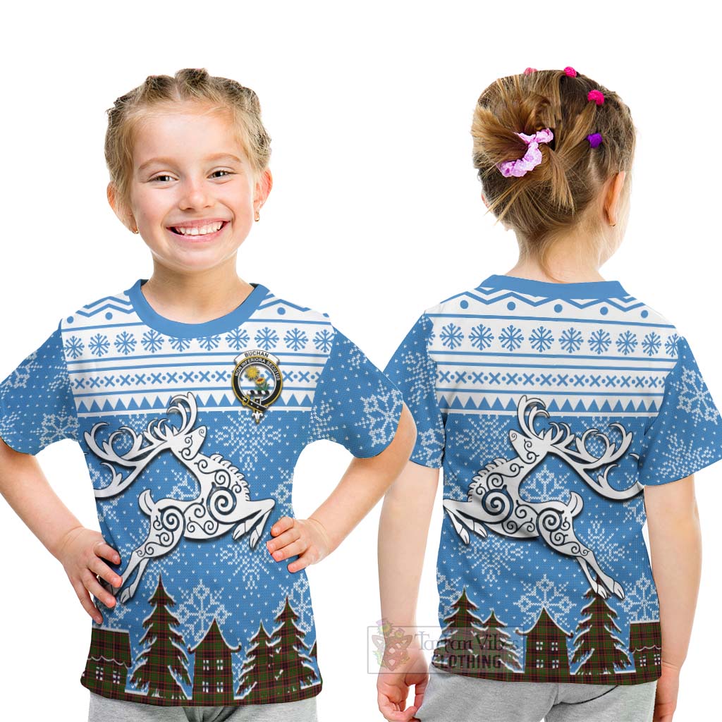 Tartan Vibes Clothing Buchan Clan Christmas Kid T-Shirt Celtic Reindeer Style