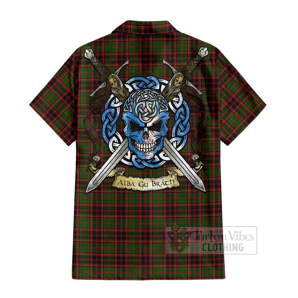 Tartan Vibes Clothing Buchan Tartan Short Sleeve Button Shirt with Family Crest Celtic Skull Style