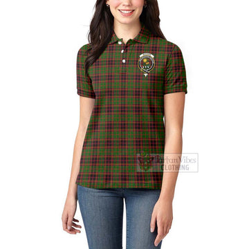 Buchan Tartan Women's Polo Shirt with Family Crest and Bearded Skull Holding Bottles of Whiskey