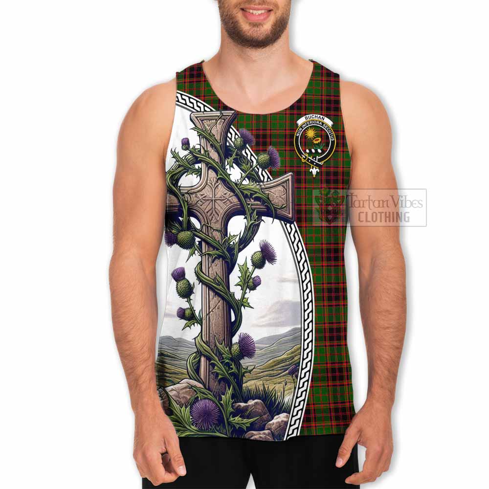 Tartan Vibes Clothing Buchan Tartan Men's Tank Top with Family Crest and St. Andrew's Cross Accented by Thistle Vines