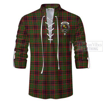 Buchan Tartan Ghillie Kilt Shirt with Family Crest and Bearded Skull Holding Bottles of Whiskey