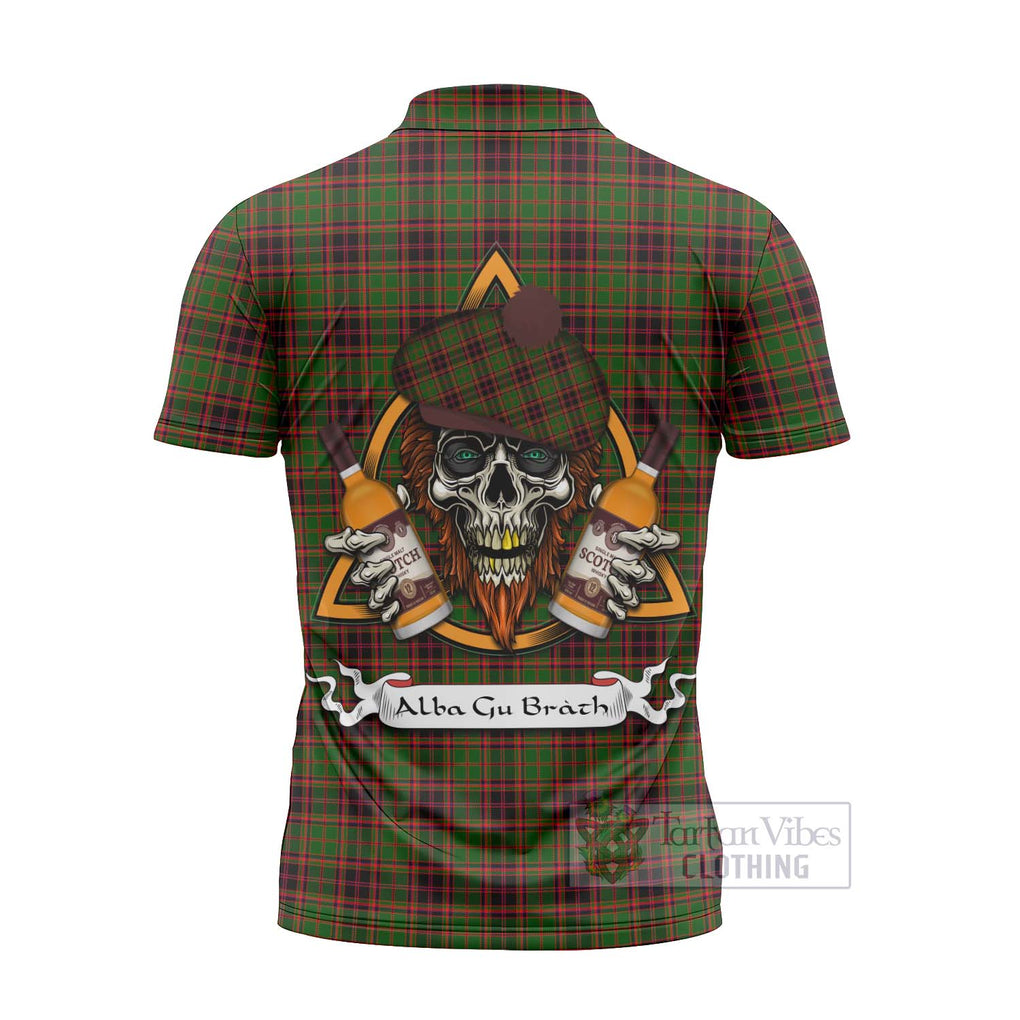 Tartan Vibes Clothing Buchan Tartan Zipper Polo Shirt with Family Crest and Bearded Skull Holding Bottles of Whiskey