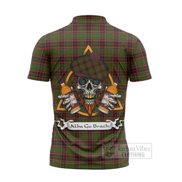 Buchan Tartan Zipper Polo Shirt with Family Crest and Bearded Skull Holding Bottles of Whiskey