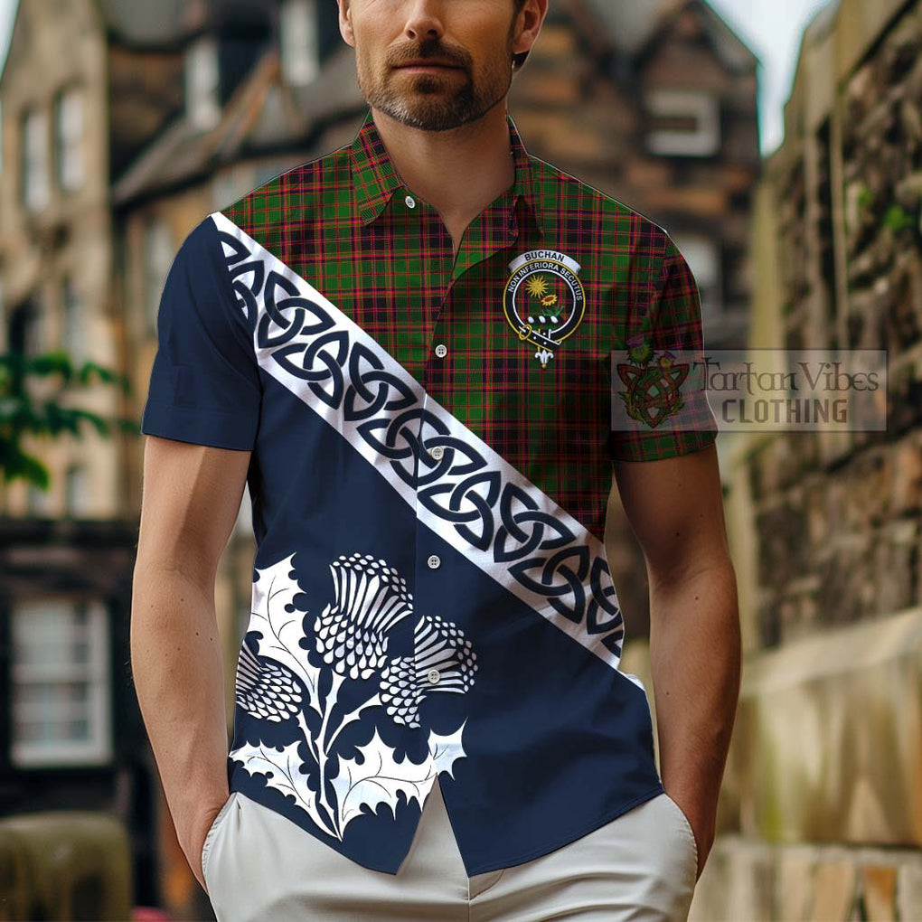 Tartan Vibes Clothing Buchan Tartan Short Sleeve Button Shirt Featuring Thistle and Scotland Map