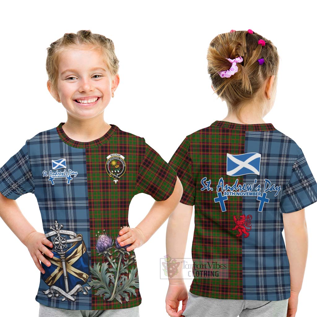 Tartan Vibes Clothing Buchan Tartan Kid T-Shirt Happy St. Andrew's Day Half Tartan Style